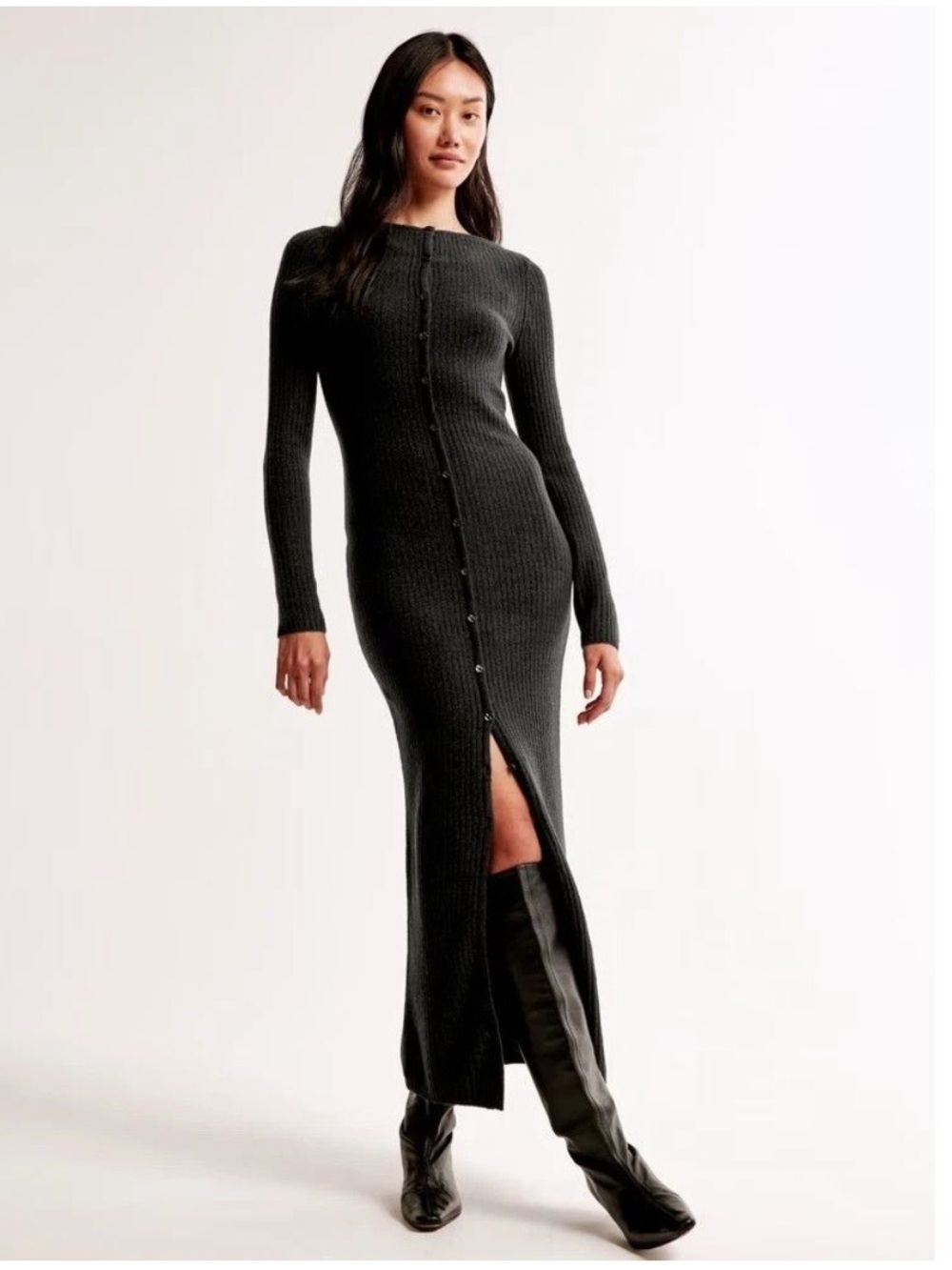 Abercrombie & Fitch Charcoal Black Ribbed Button-Front Merino Wool Maxi Dress